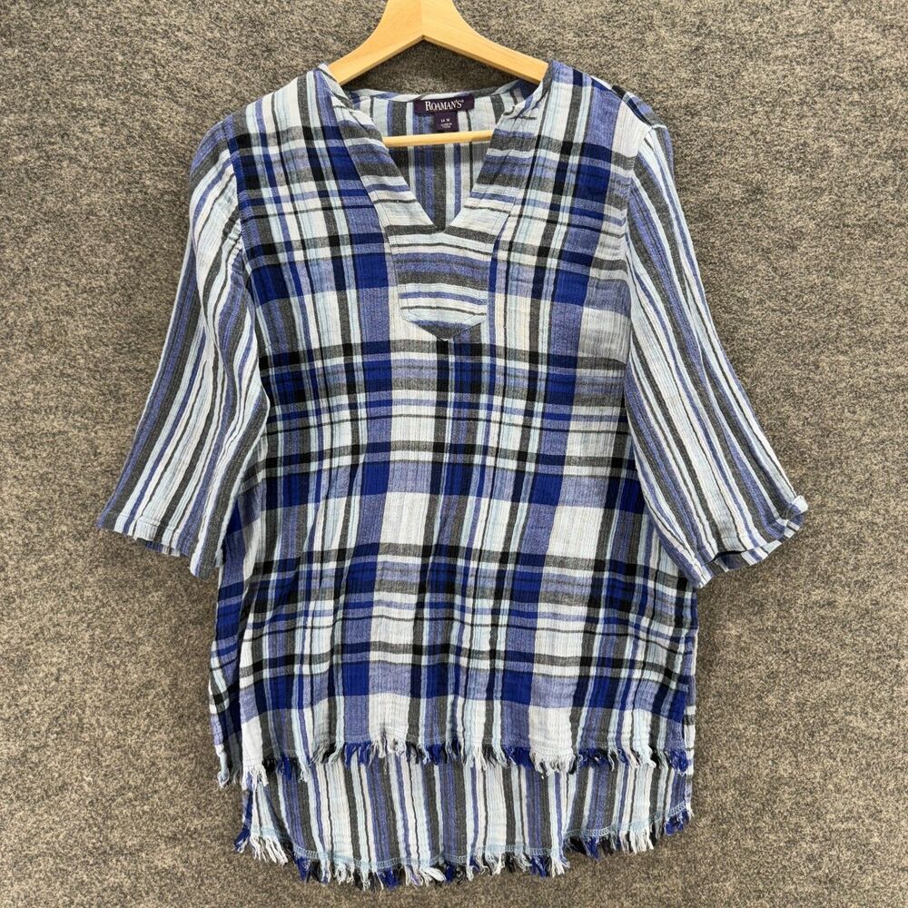 Roaman's Blouse Women 14W Plus Blue Plaid V-Neck 3/4 Sleeve Cotton Pullover